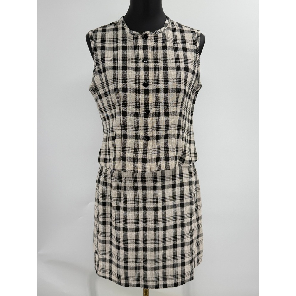 Basic Equipment Vintage Plaid Two Piece Set Top & Wrap Skirt Black Cream Size 8